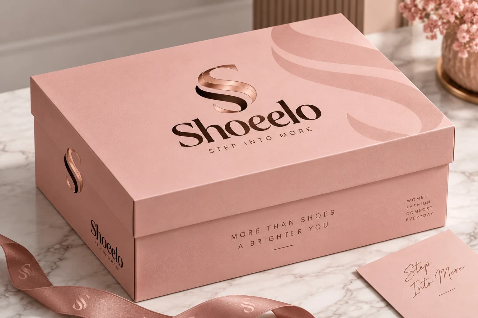 The Shoeelo blush gift box with its rose-gold S monogram, on a marble table