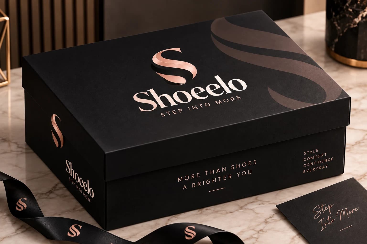 The Shoeelo noir gift box with rose-gold lettering, ribbon and card