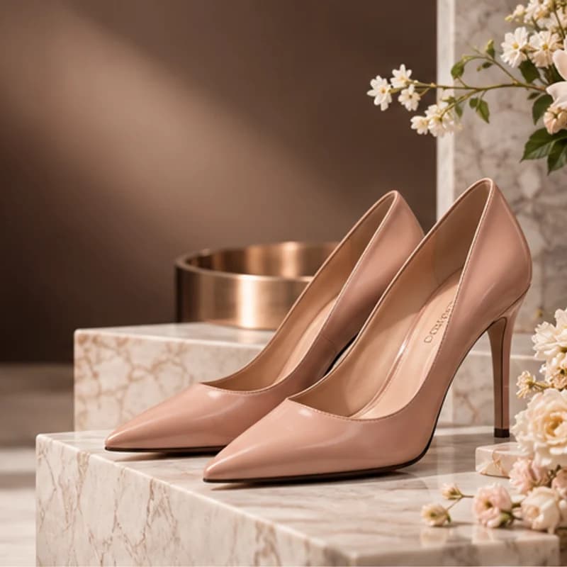 Blush patent pointed pumps on a marble step, with cream flowers