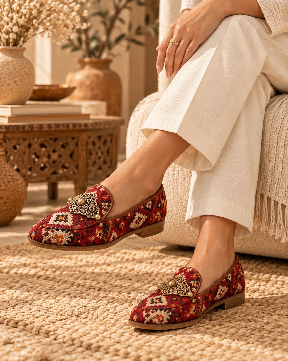 Ornate Kilim Loafer in Red — worn
