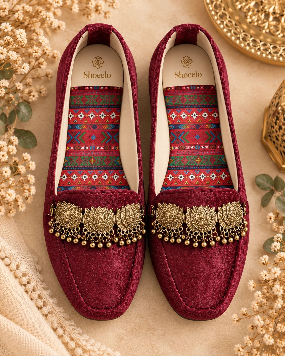 Embellished Velvet Loafer in Bordeaux, from above