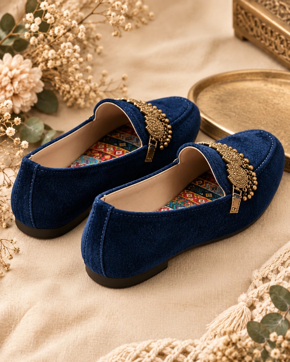 Embellished Velvet Loafer in Navy Blue, from behind