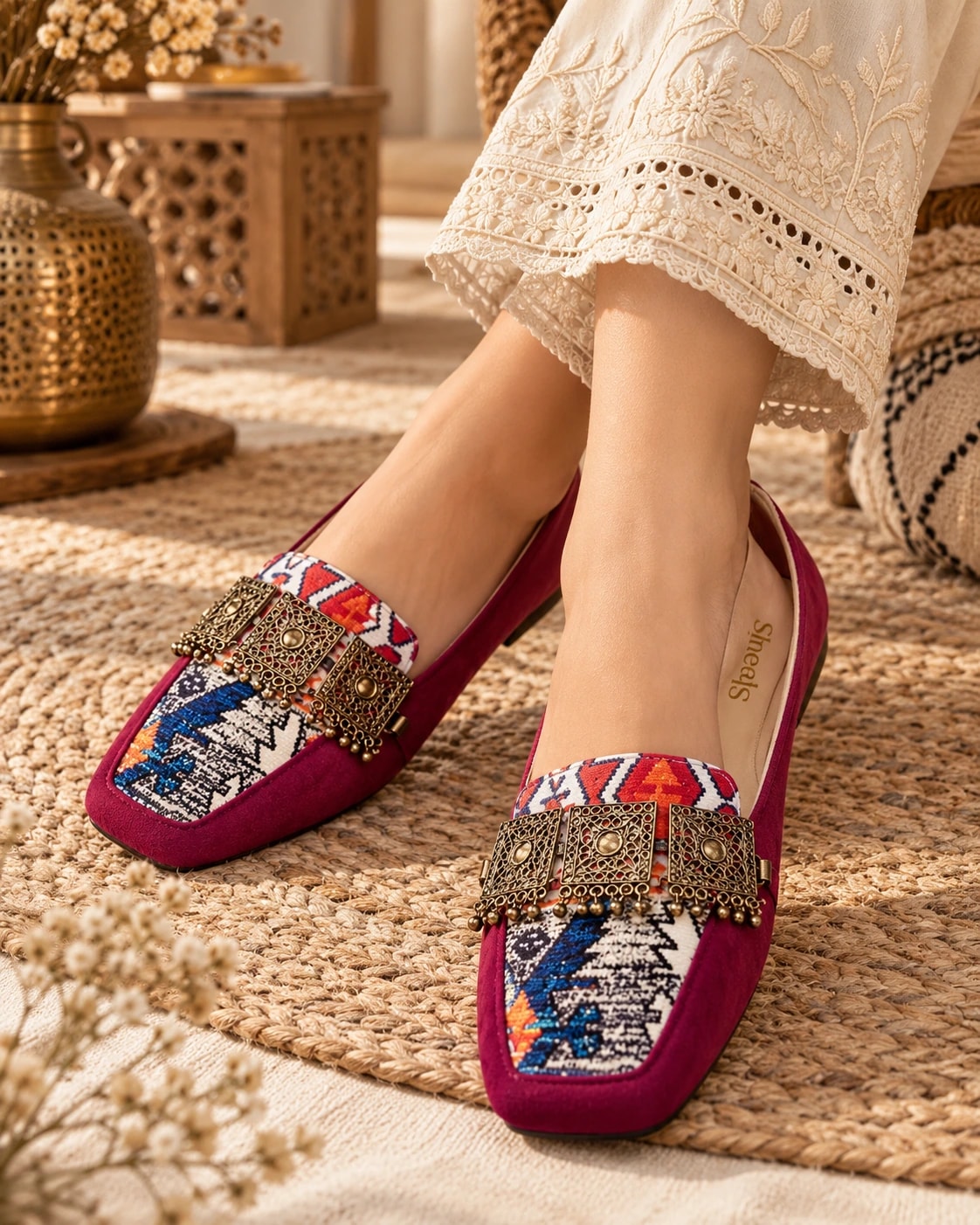 Embellished Kilim Loafer in Bordeaux — worn