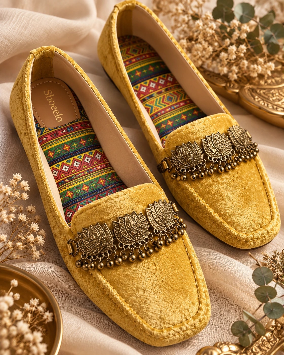 Embellished Velvet Loafer in Yellow — close detail