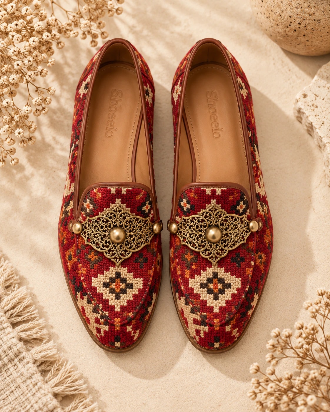 Ornate Kilim Loafer in Red, from above