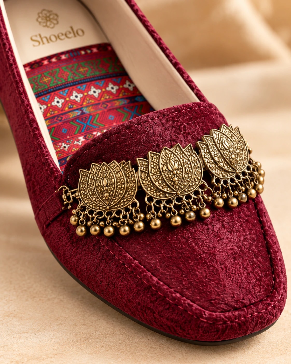 Embellished Velvet Loafer in Bordeaux — close detail