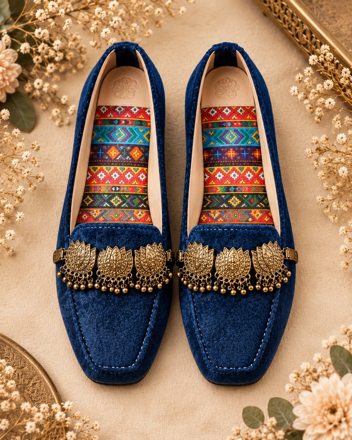 Embellished Velvet Loafer in Navy Blue, from above