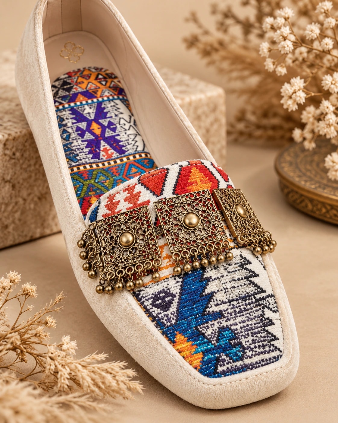 Embellished Kilim Loafer in Ivory — close detail