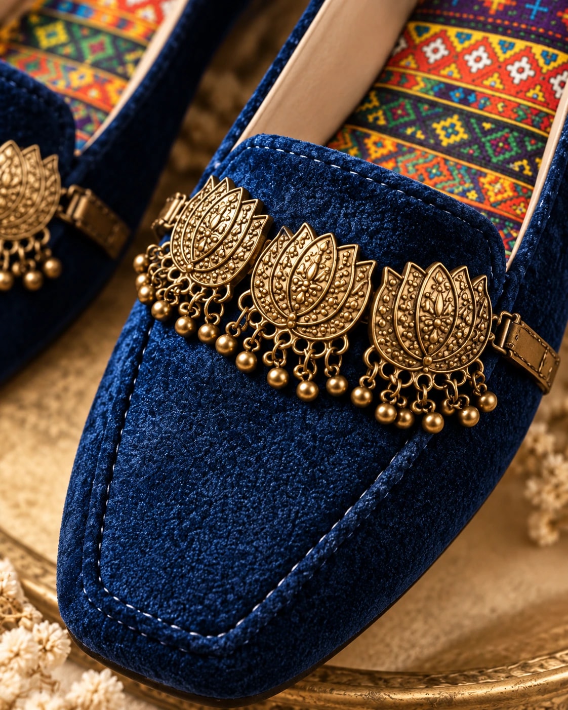 Embellished Velvet Loafer in Navy Blue — close detail