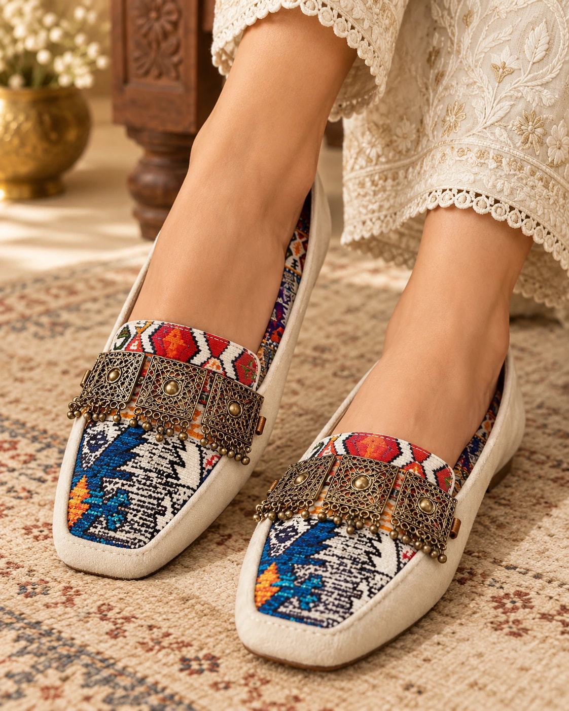 Embellished Kilim Loafer in Ivory — worn