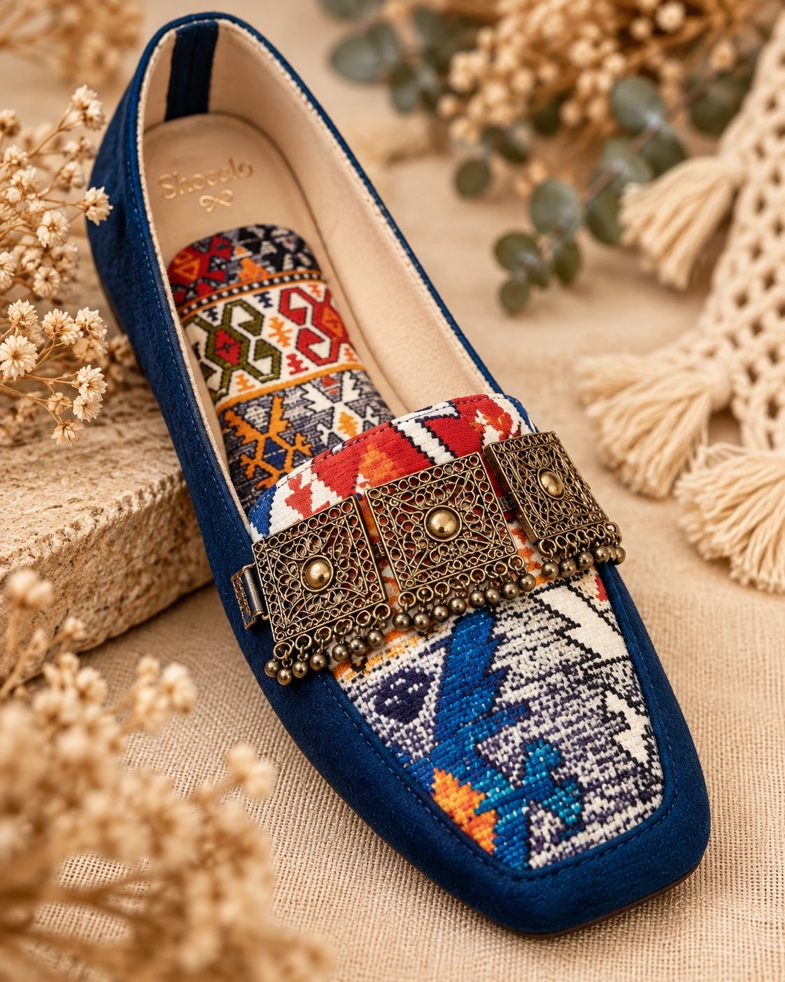 Embellished Kilim Loafer in Blue — close detail