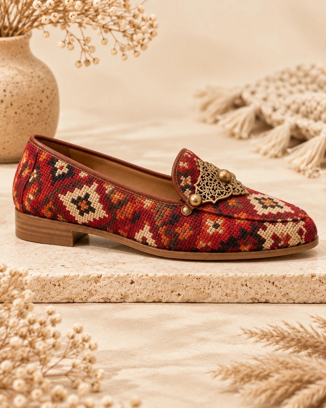 Ornate Kilim Loafer in Red, from the side