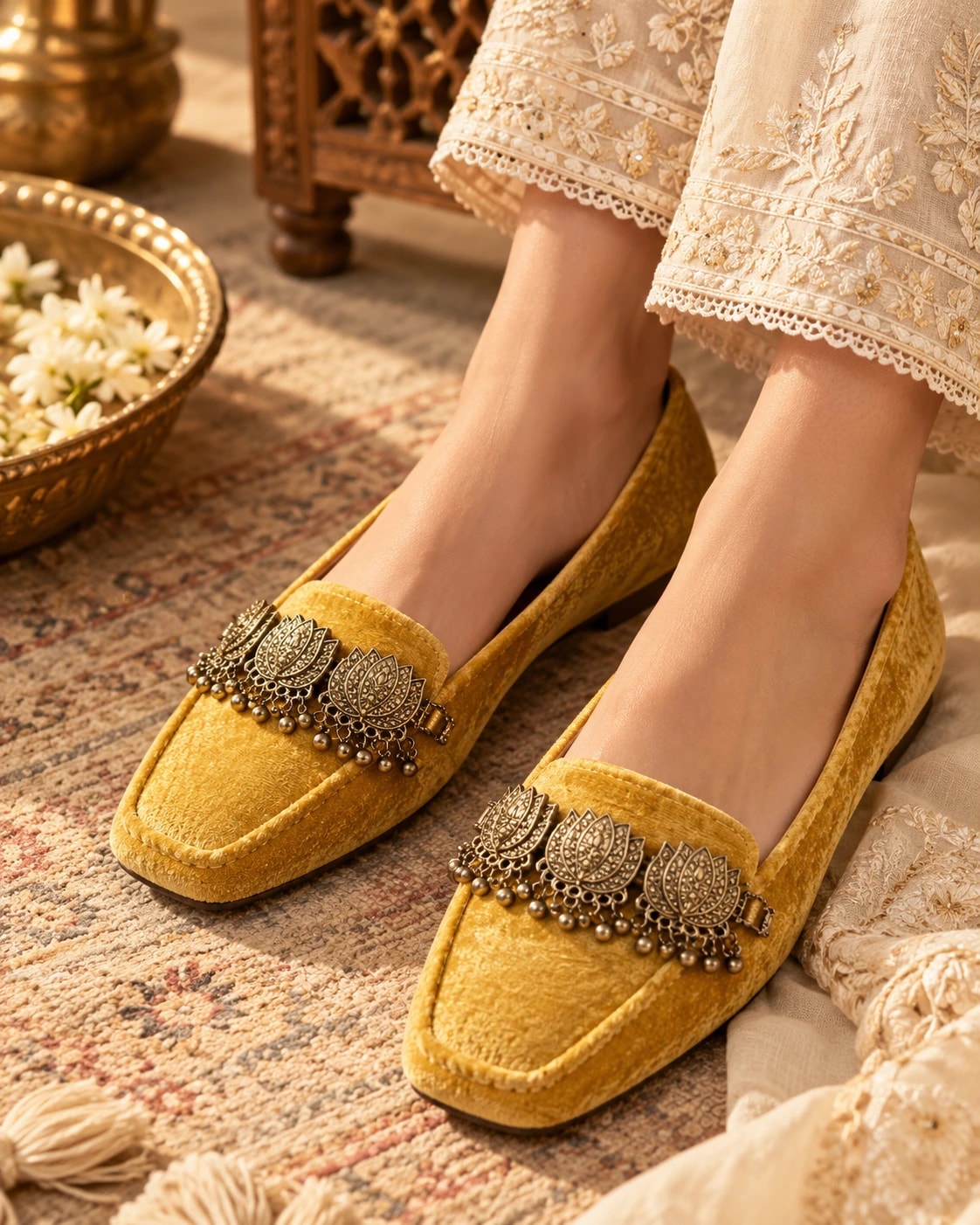 Embellished Velvet Loafer in Yellow — worn
