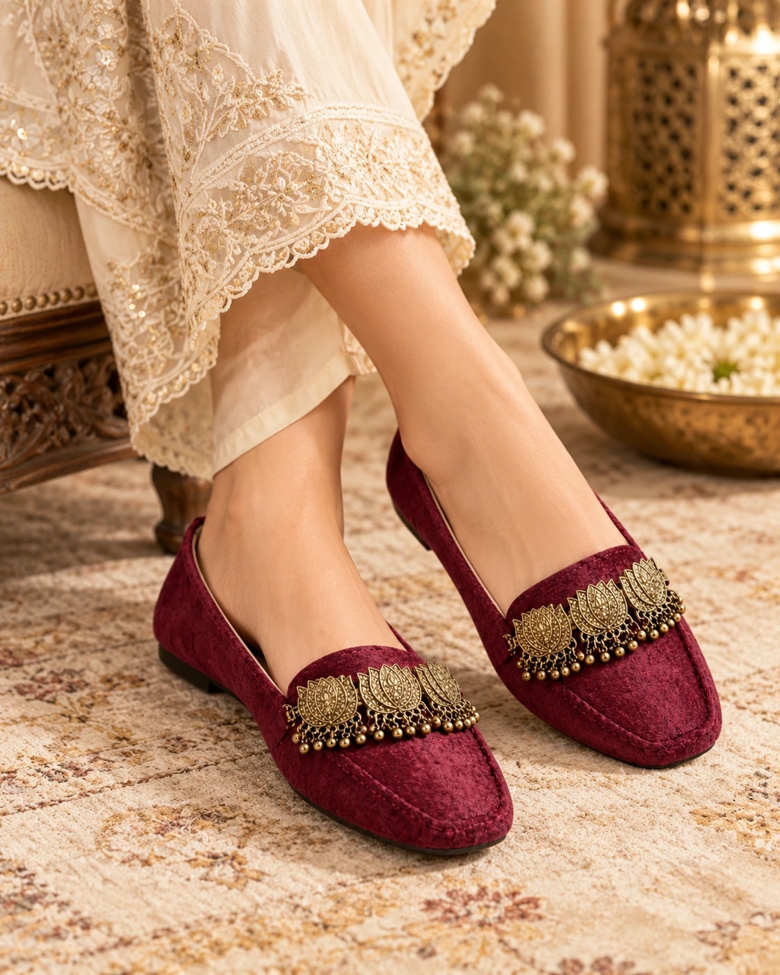 Embellished Velvet Loafer in Bordeaux — worn