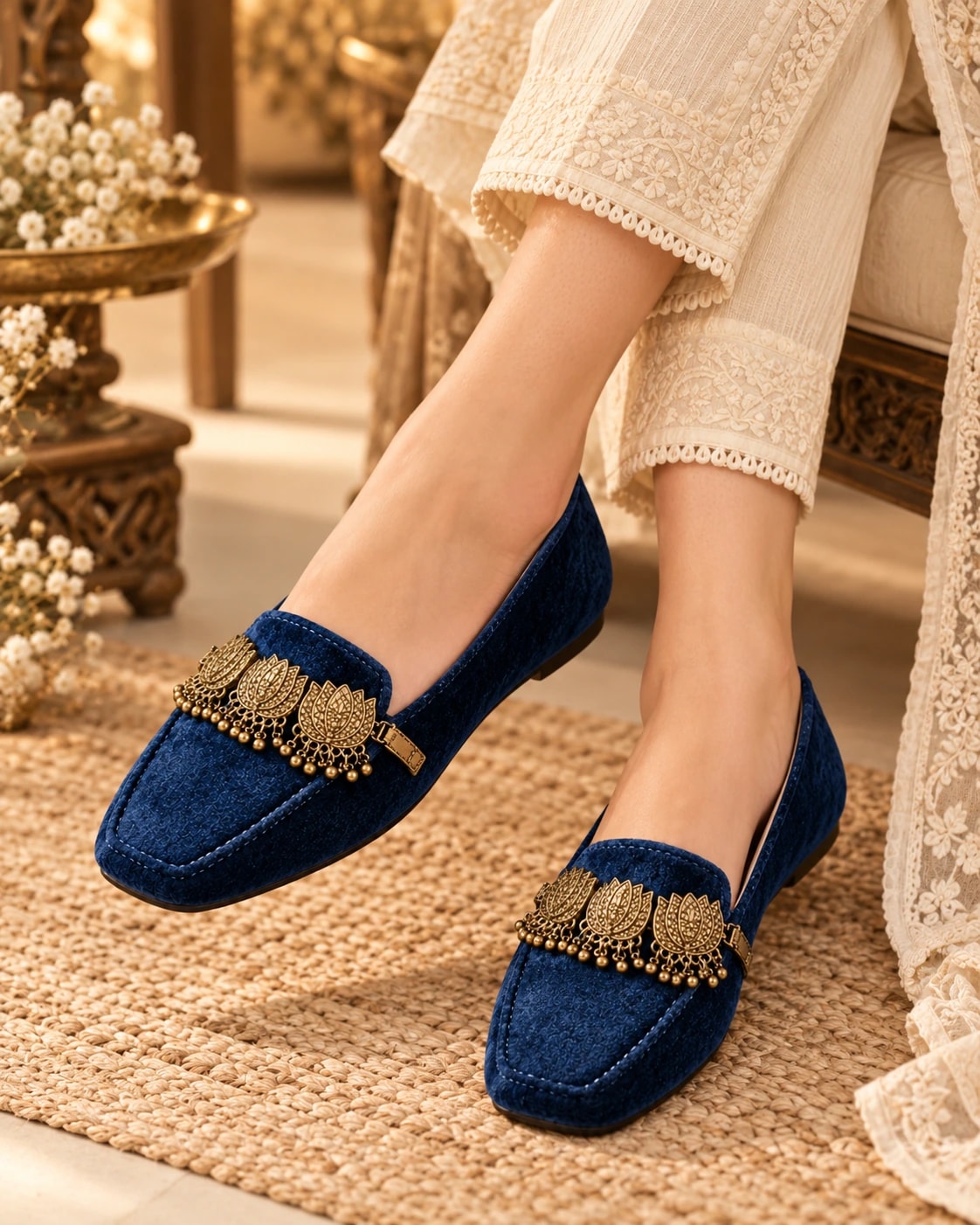 Embellished Velvet Loafer in Navy Blue — worn
