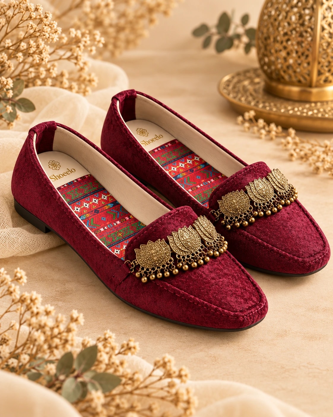 Embellished Velvet Loafer in Bordeaux, from the side