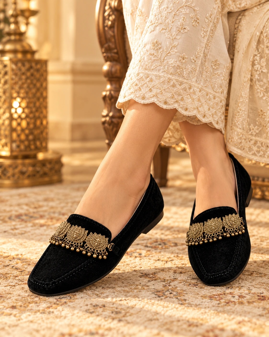 Embellished Velvet Loafer in Noir — worn