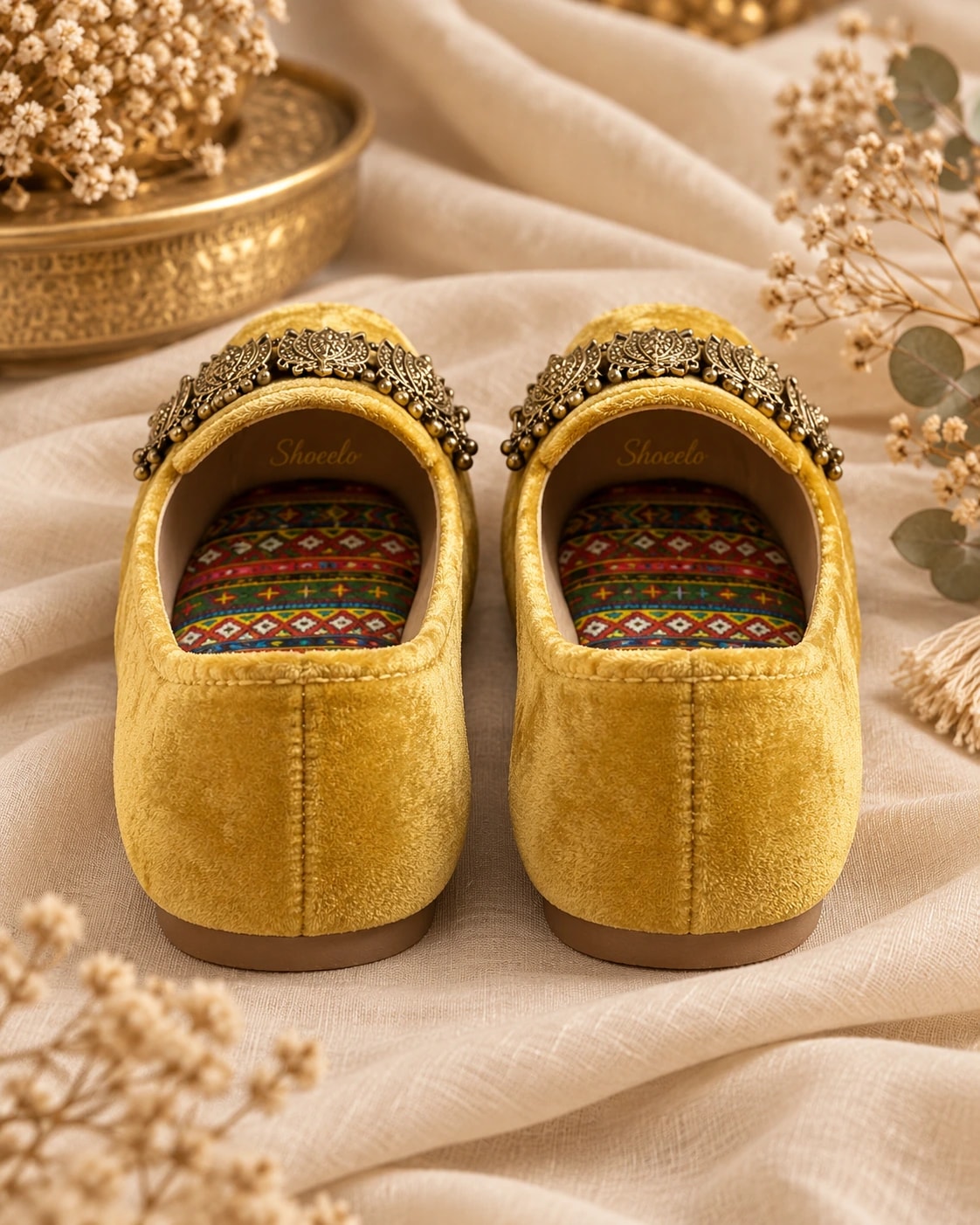 Embellished Velvet Loafer in Yellow, from behind