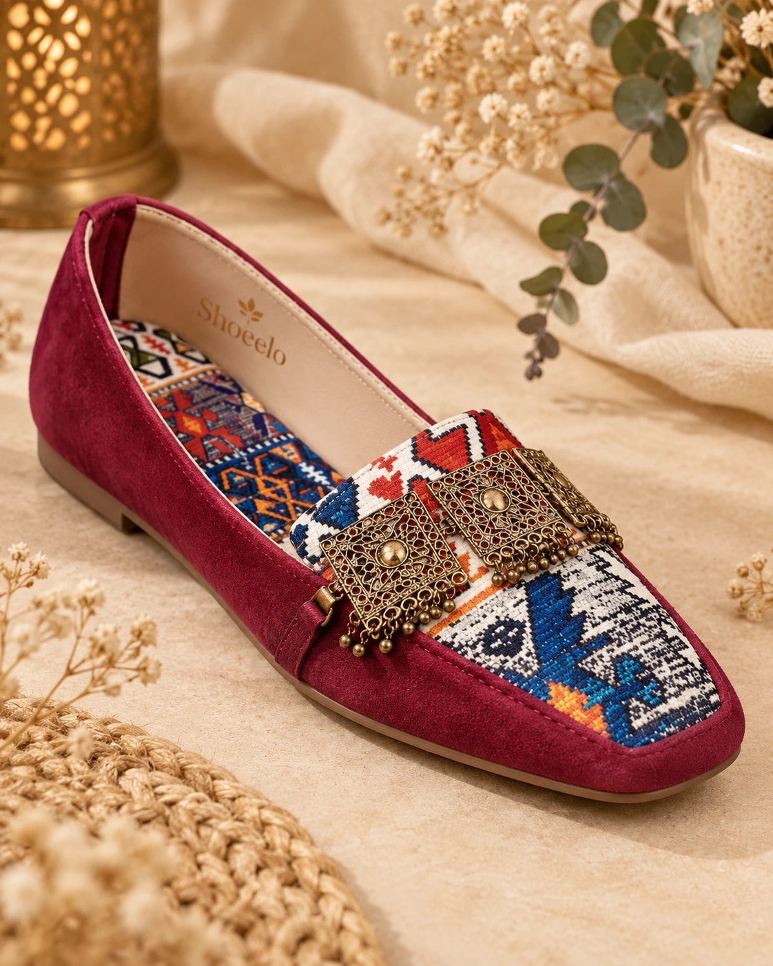 Embellished Kilim Loafer in Bordeaux, from the side