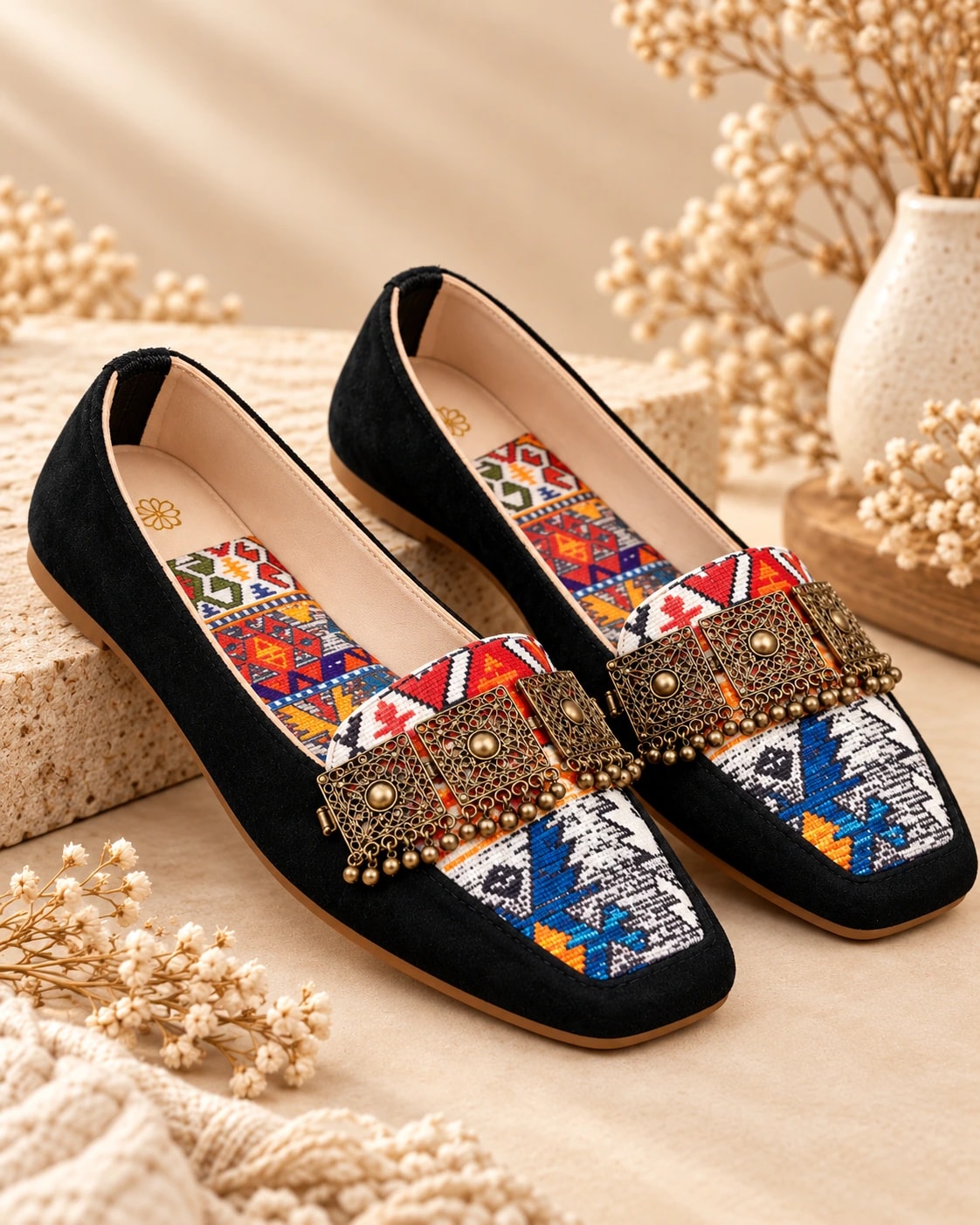Embellished Kilim Loafer in Noir, from the side