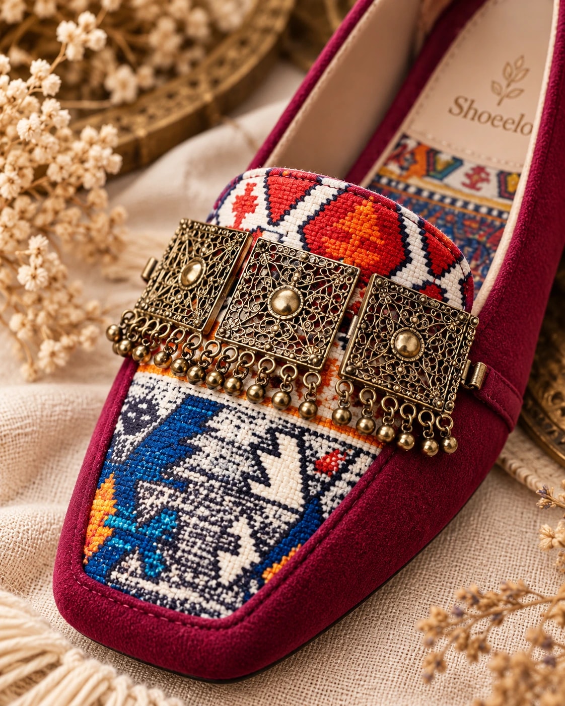 Embellished Kilim Loafer in Bordeaux — close detail
