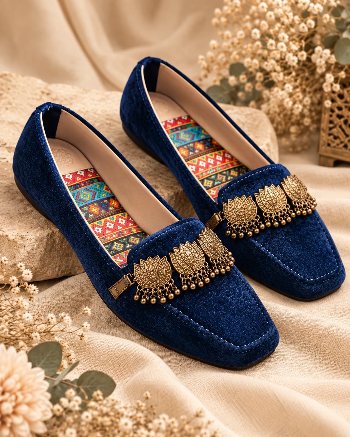 Embellished Velvet Loafer in Navy Blue, from the side