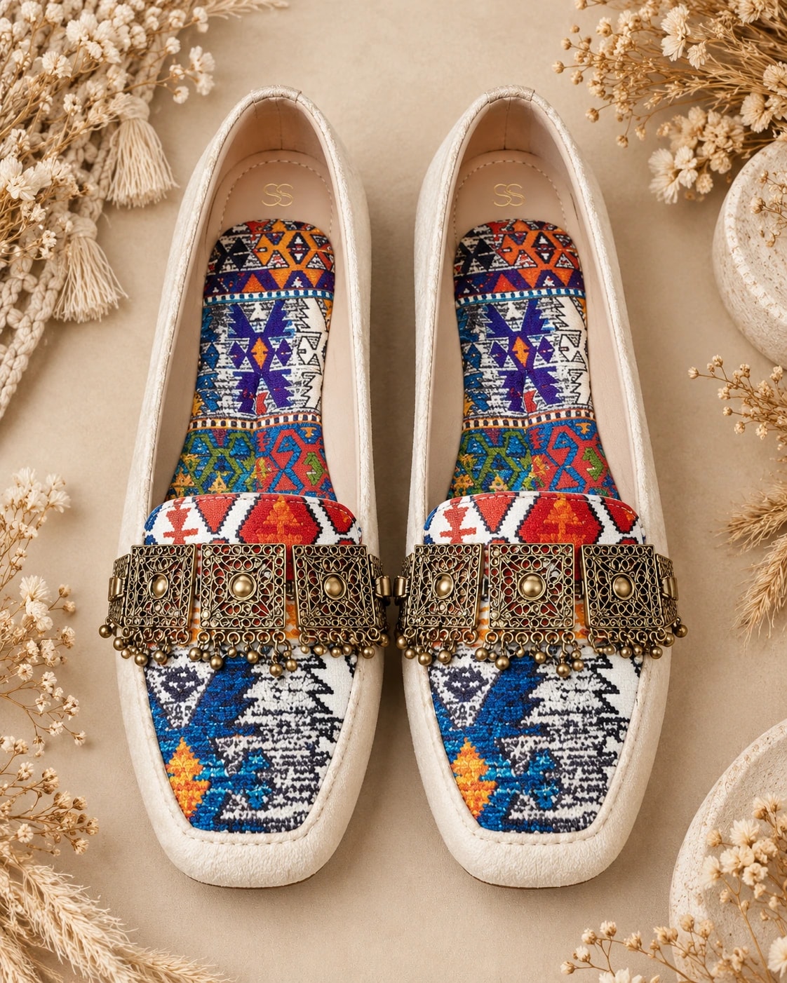 Embellished Kilim Loafer in Ivory, from above