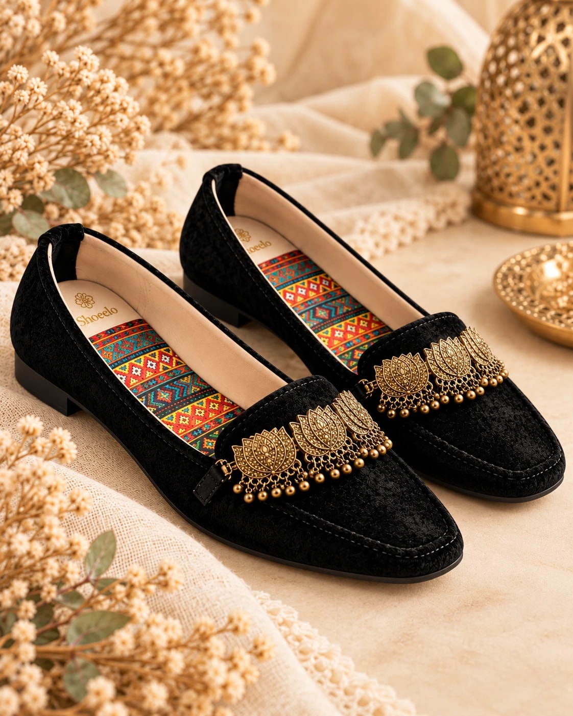 Embellished Velvet Loafer in Noir, from the side