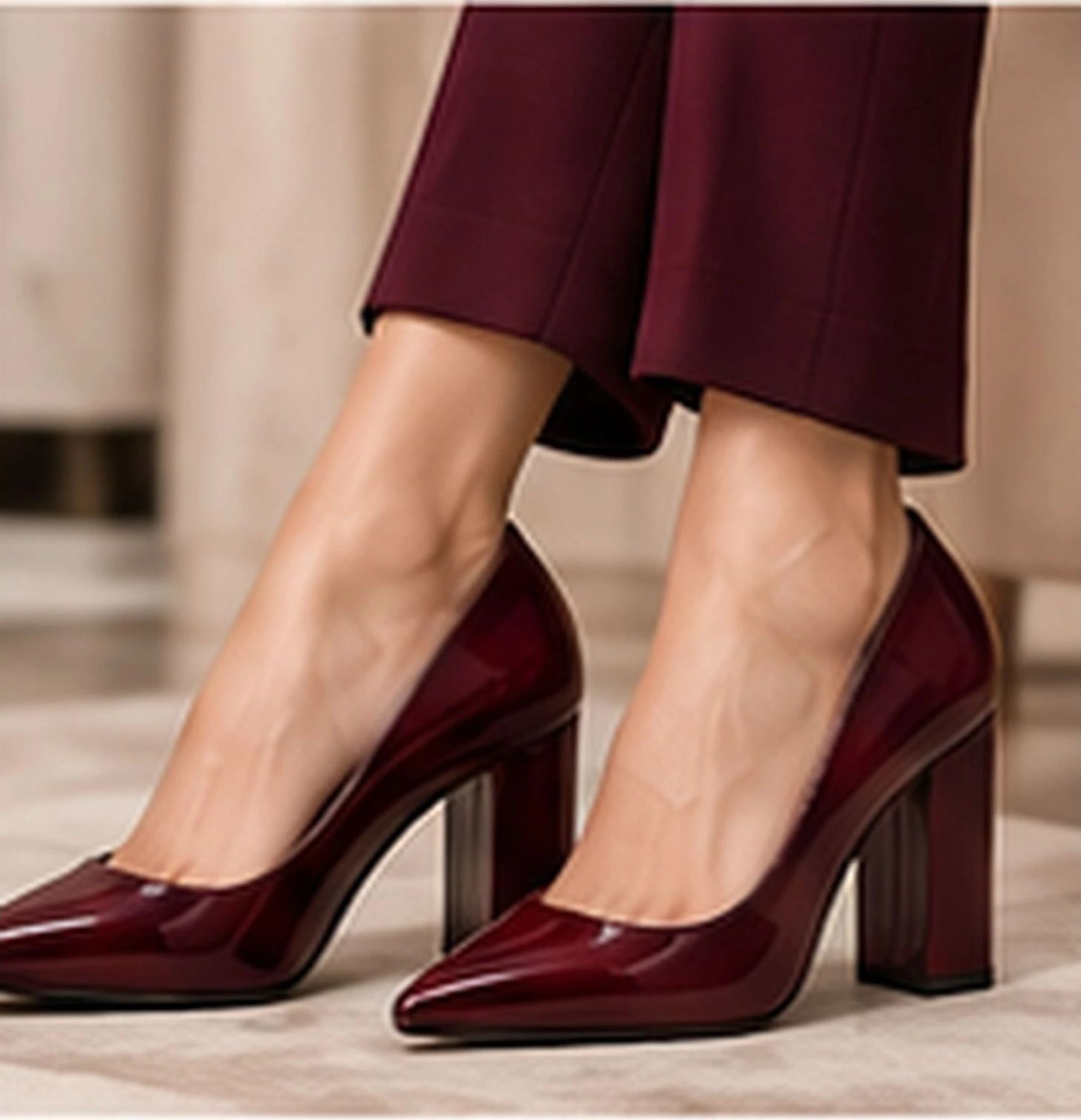 Valencia Block-Heel Pump in Burgundy — worn