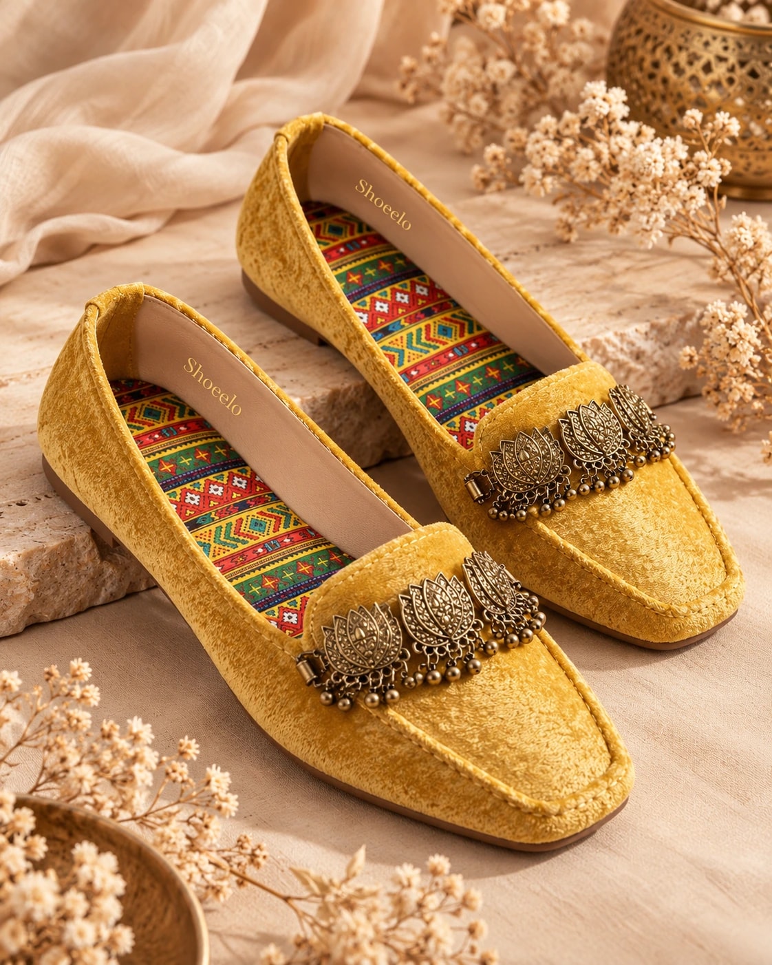 Embellished Velvet Loafer in Yellow, from the side