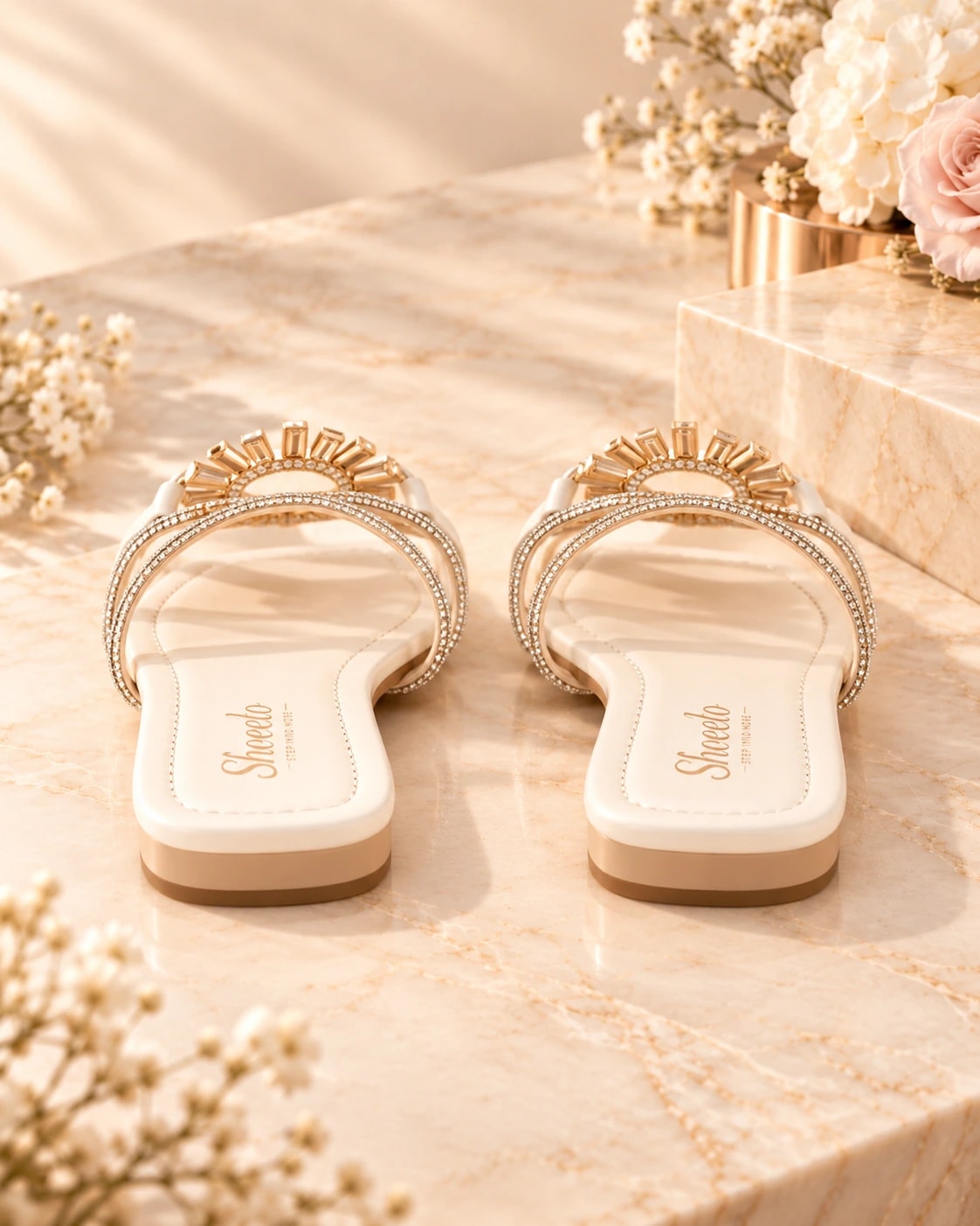 Zaria Crystal Medallion Slide in Ivory, from behind