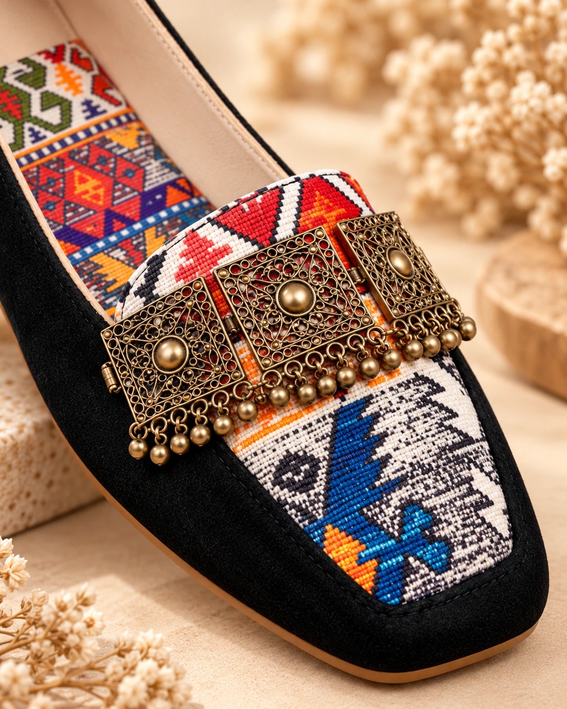 Embellished Kilim Loafer in Noir — close detail