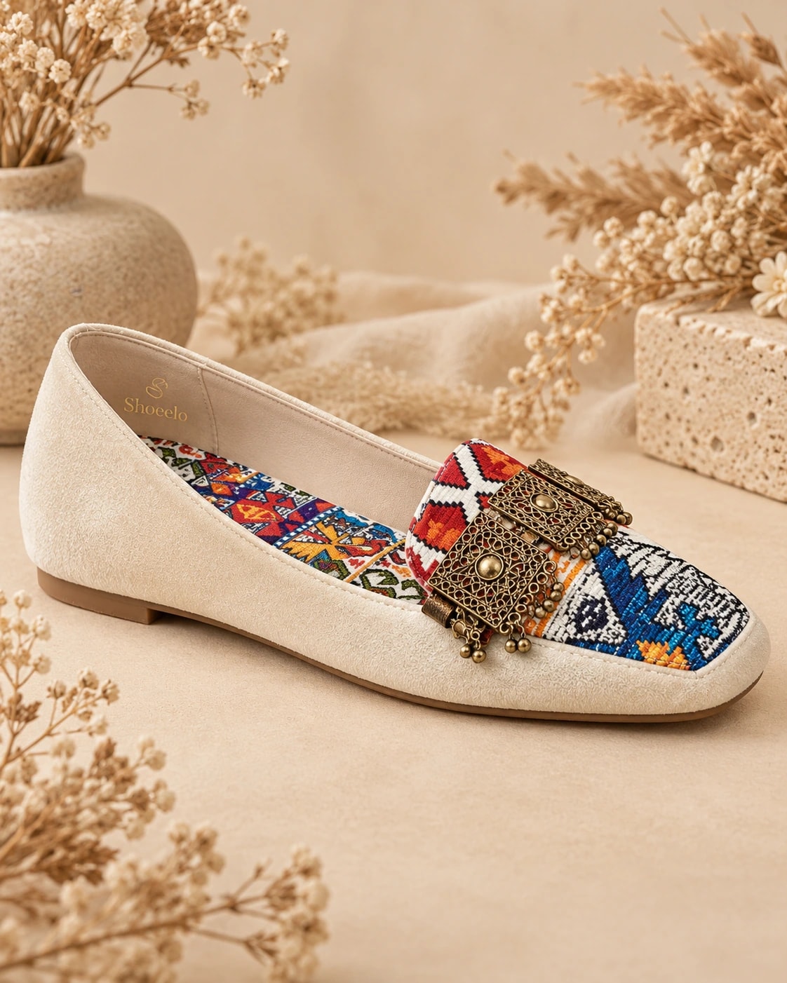 Embellished Kilim Loafer in Ivory, from the side