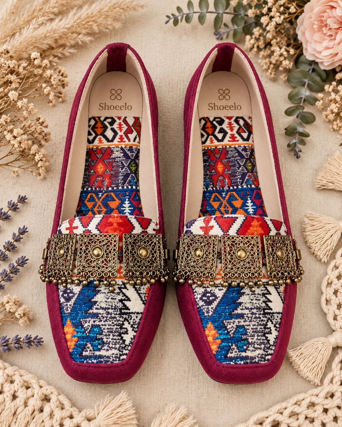 Embellished Kilim Loafer in Bordeaux, from above