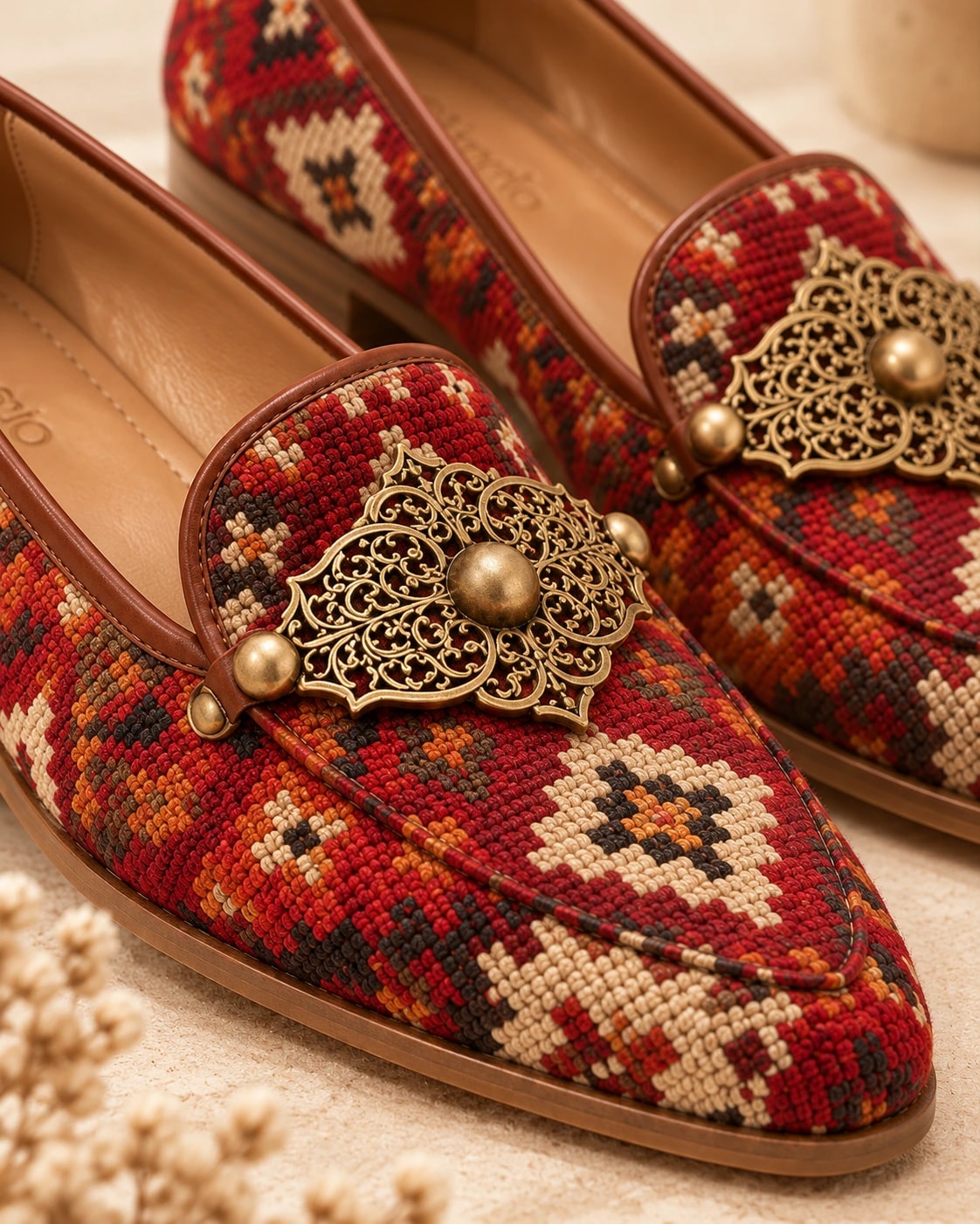 Ornate Kilim Loafer in Red — close detail