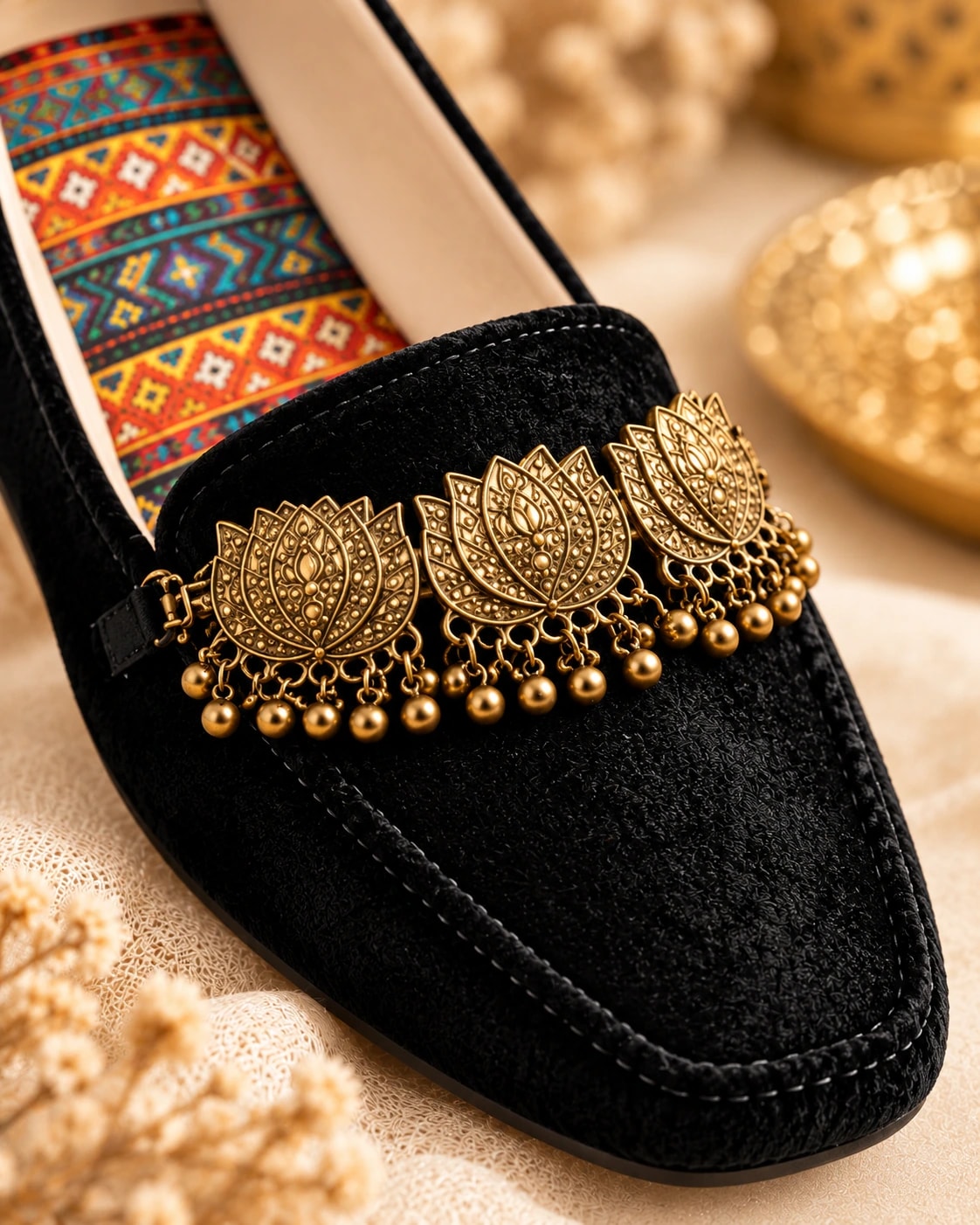 Embellished Velvet Loafer in Noir — close detail