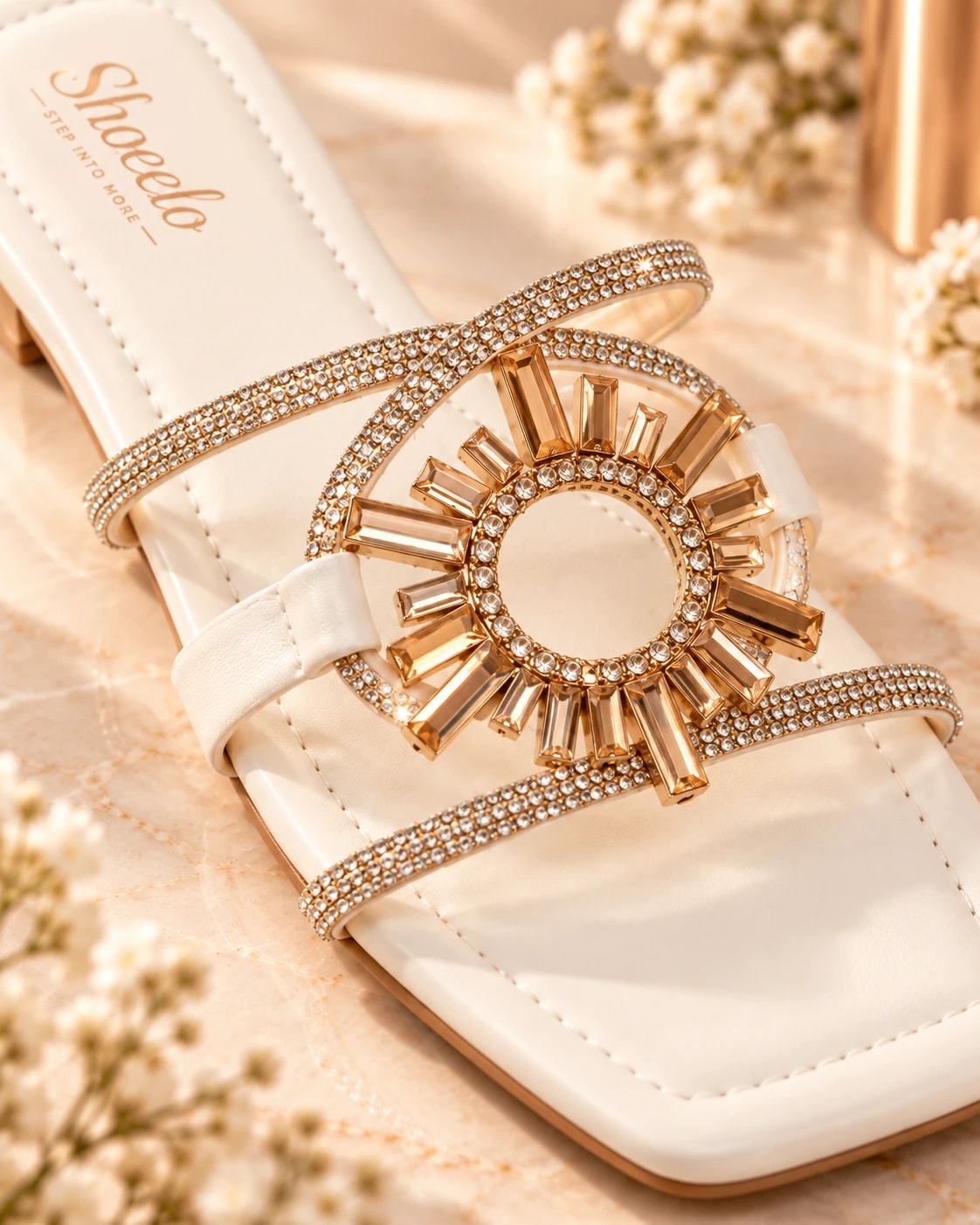 Zaria Crystal Medallion Slide in Ivory — close detail