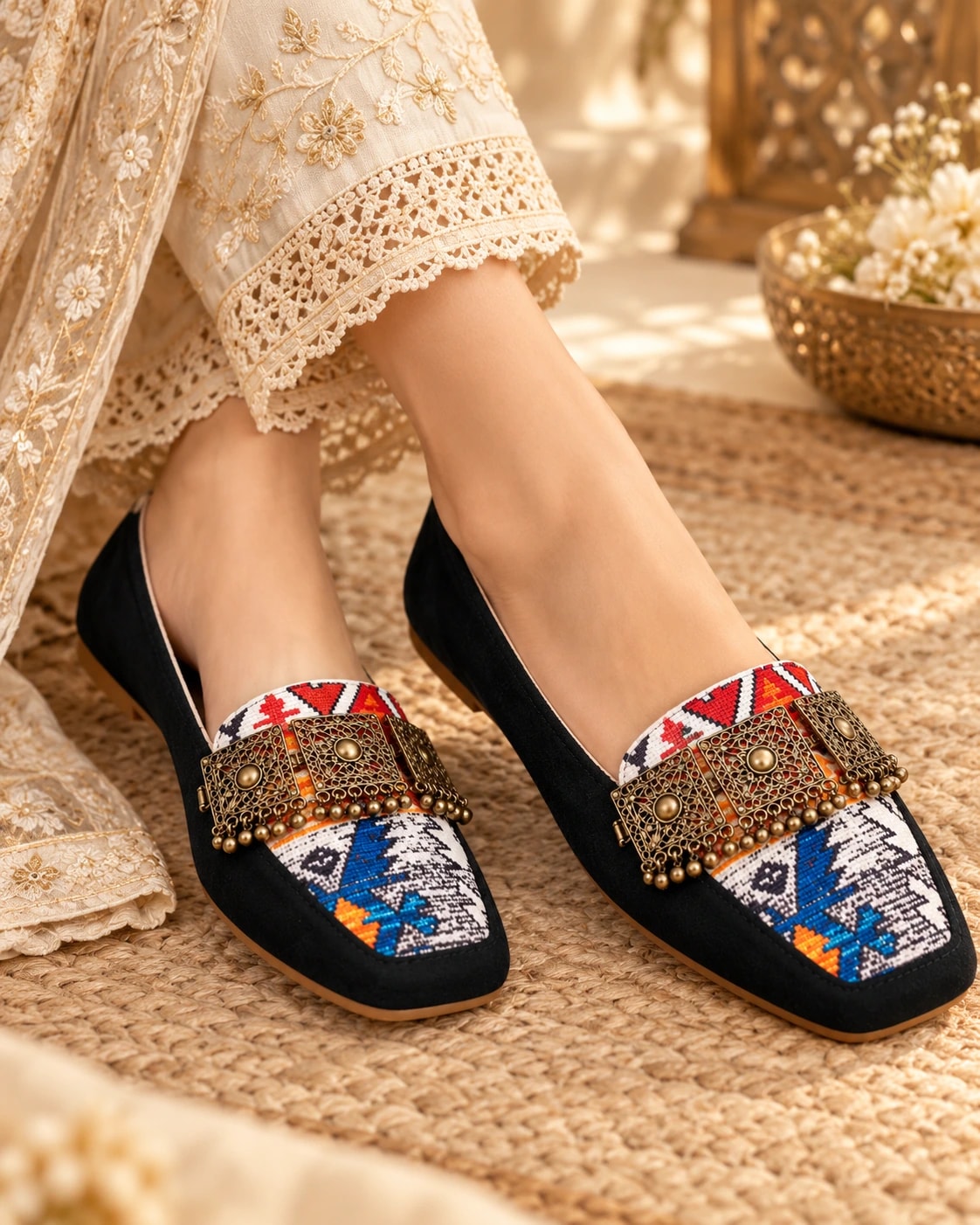Embellished Kilim Loafer in Noir — worn