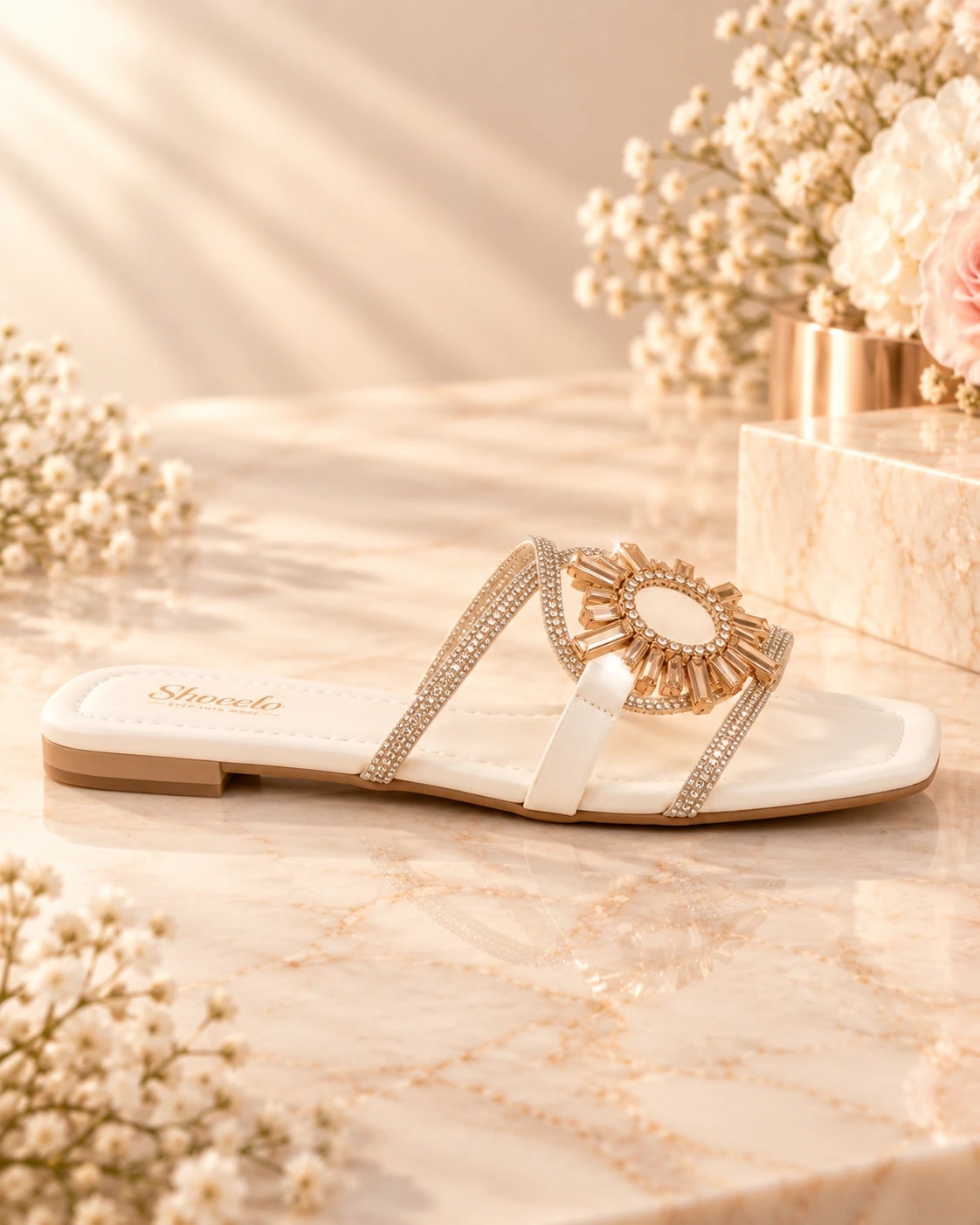 Zaria Crystal Medallion Slide in Ivory, from the side