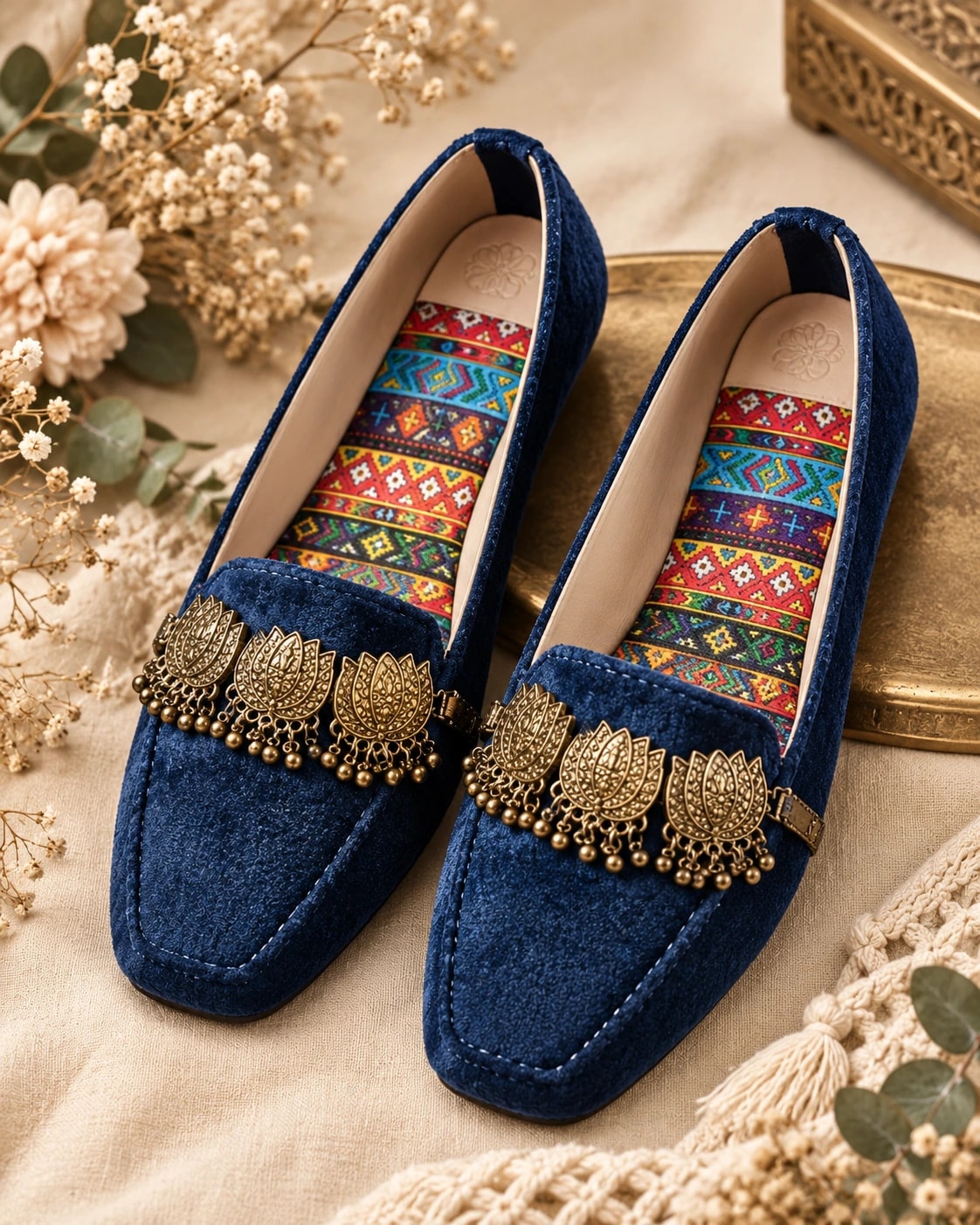 Embellished Velvet Loafer in Navy Blue